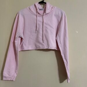 MOXEAY Pink Cropped Hoodie Long Sleeve Drawstring Casual Fleece L